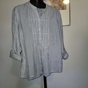 XL Eddie Bauer blue & white striped shirt with mandarin collar